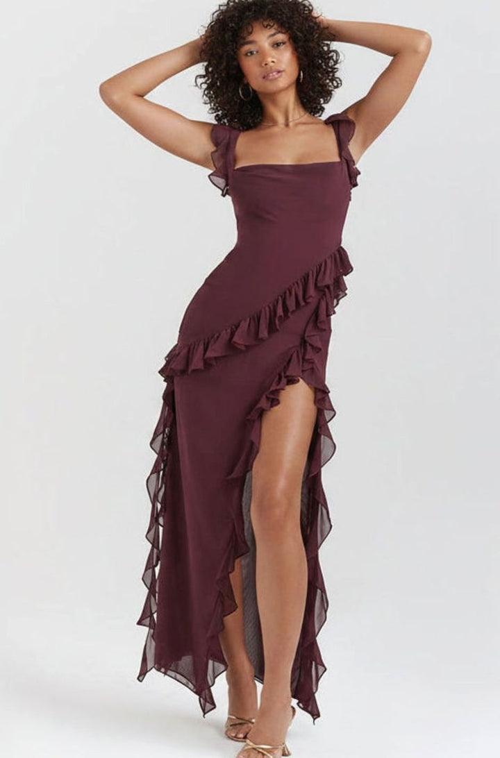 Women's Ruffle-Trim Square-Neck High-Slit Comfortable Midi Dress