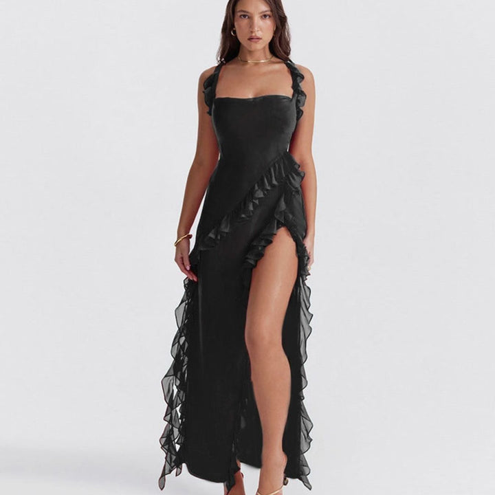 Women's Ruffle-Trim Square-Neck High-Slit Comfortable Midi Dress - Black