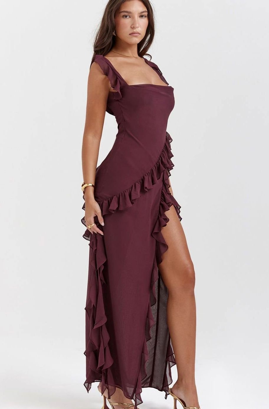 Women's Ruffle-Trim Square-Neck High-Slit Comfortable Midi Dress
