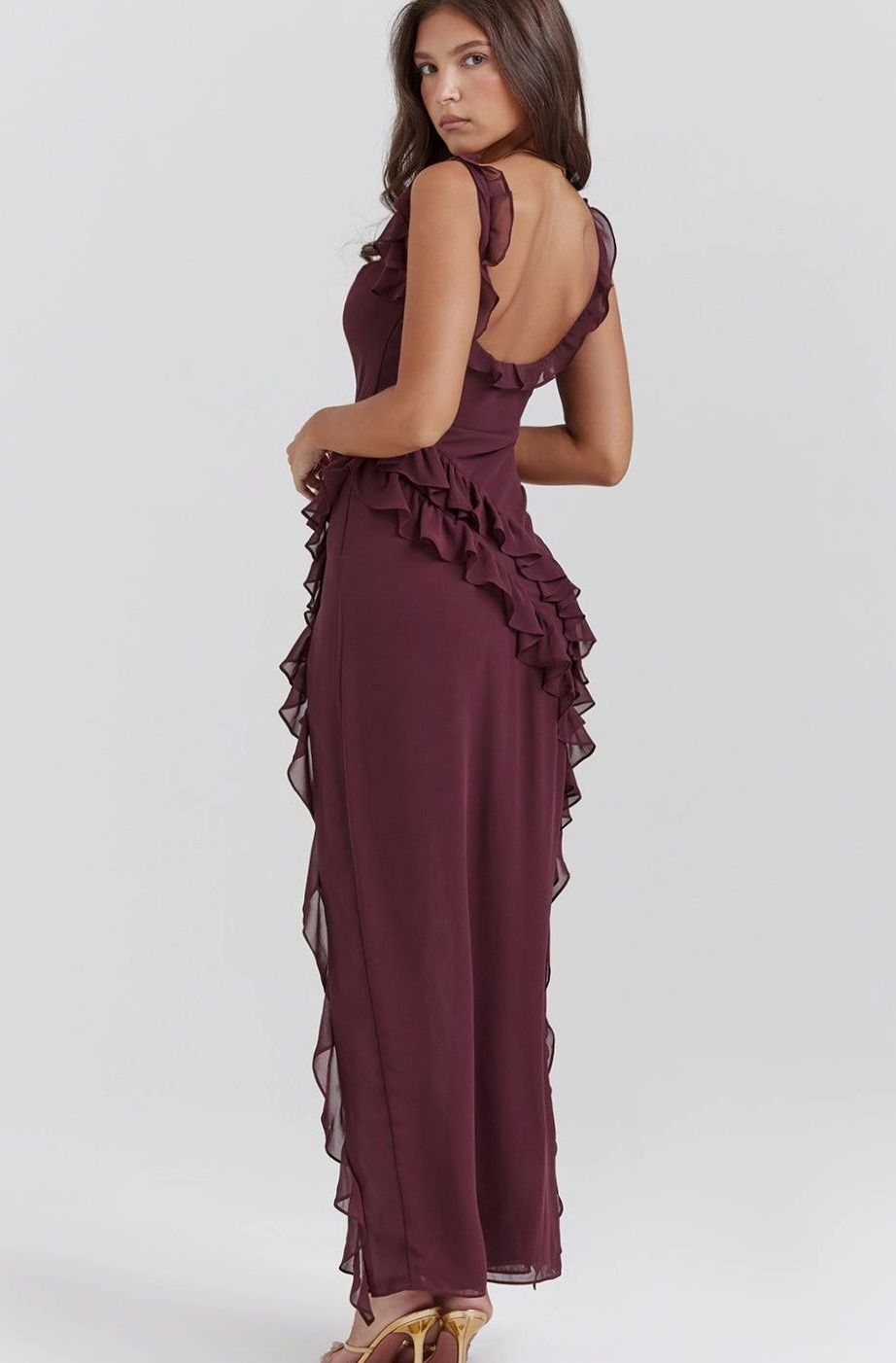 Women's Ruffle-Trim Square-Neck High-Slit Comfortable Midi Dress