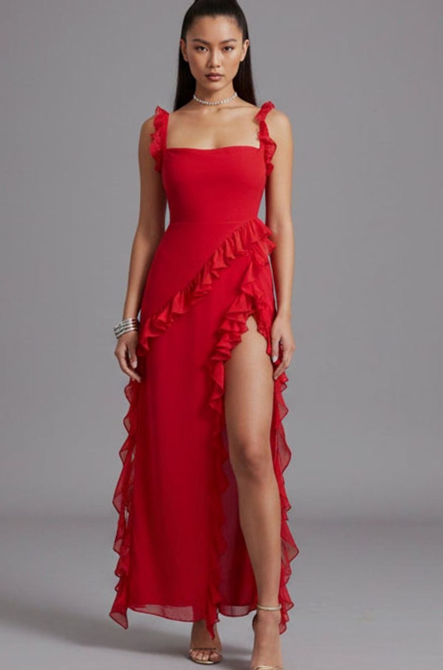 Women's Ruffle-Trim Square-Neck High-Slit Comfortable Midi Dress