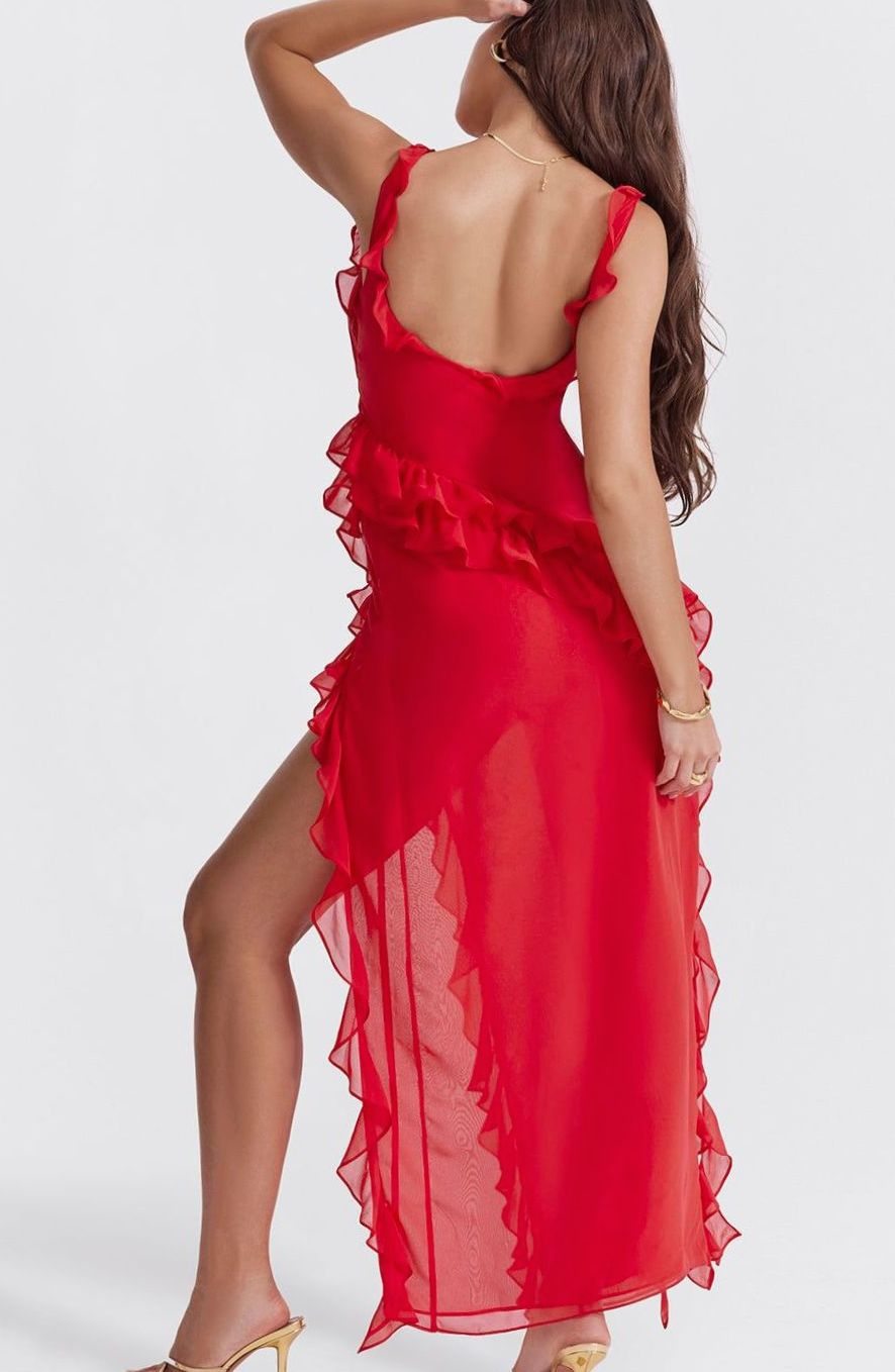 Women's Ruffle-Trim Square-Neck High-Slit Comfortable Midi Dress