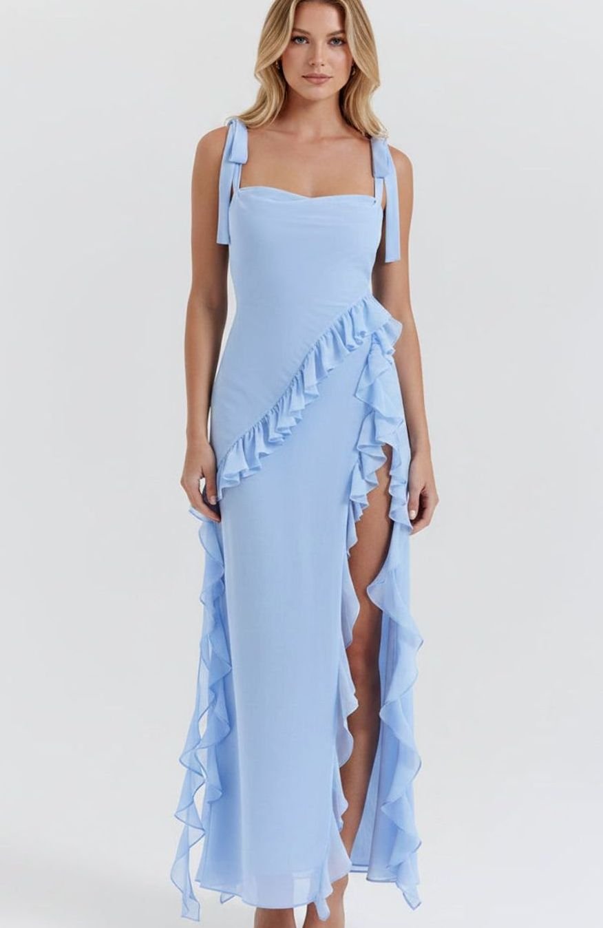 Women's Ruffle-Trim Square-Neck High-Slit Comfortable Midi Dress - Blue