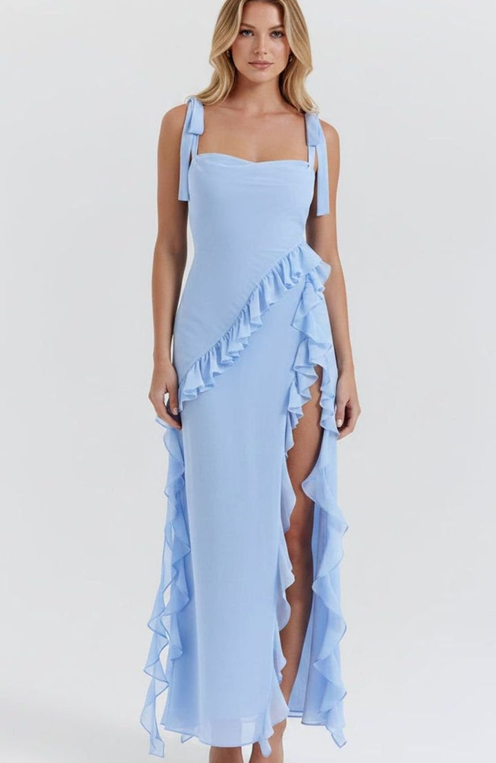 Women's Ruffle-Trim Square-Neck High-Slit Comfortable Midi Dress - Blue