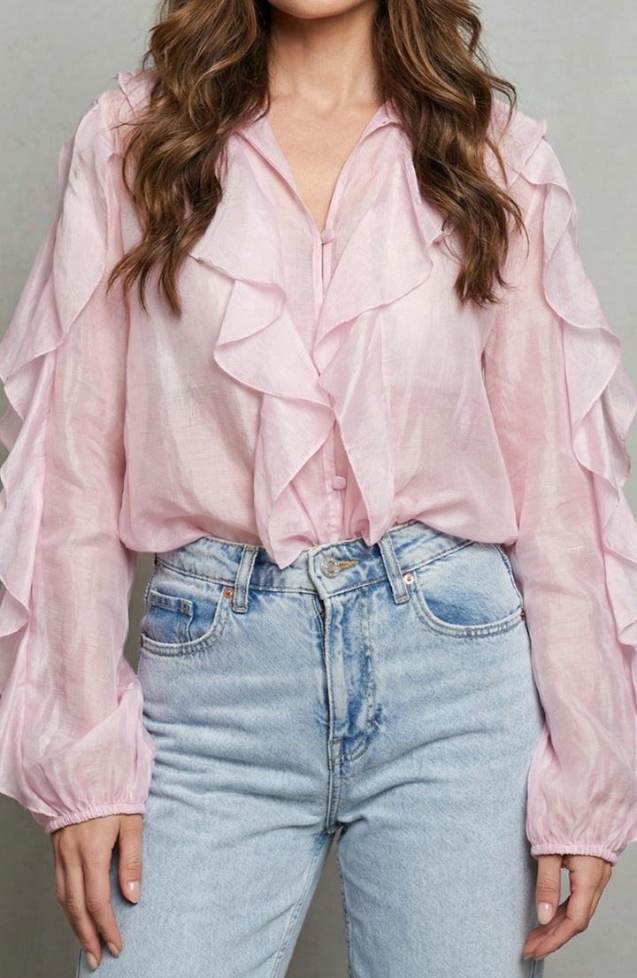 Women's Ruffled Button-Up Long Sleeve Blouse Statement Sleeves - Pink