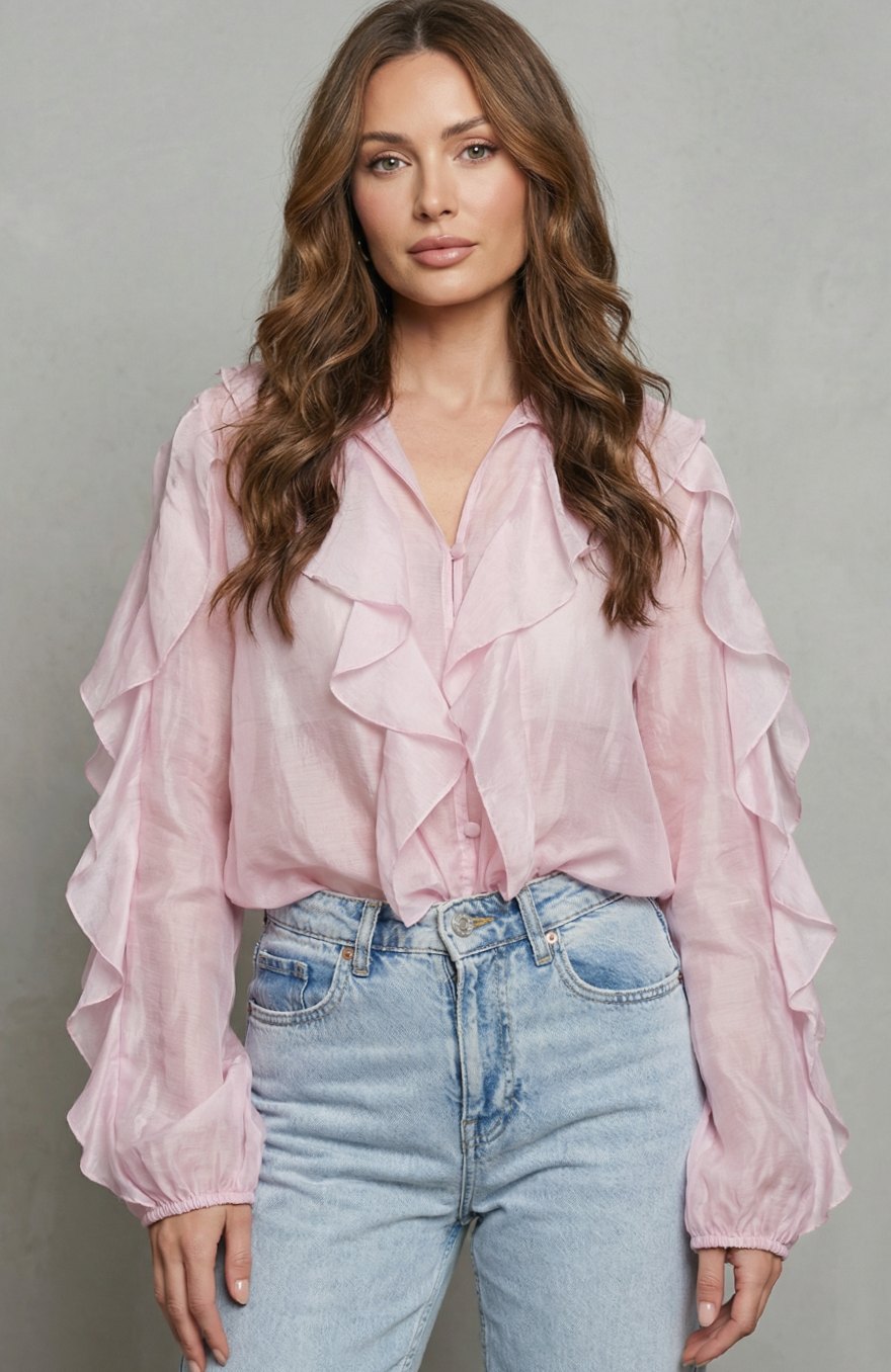 Women's Ruffled Button-Up Long Sleeve Blouse Statement Sleeves