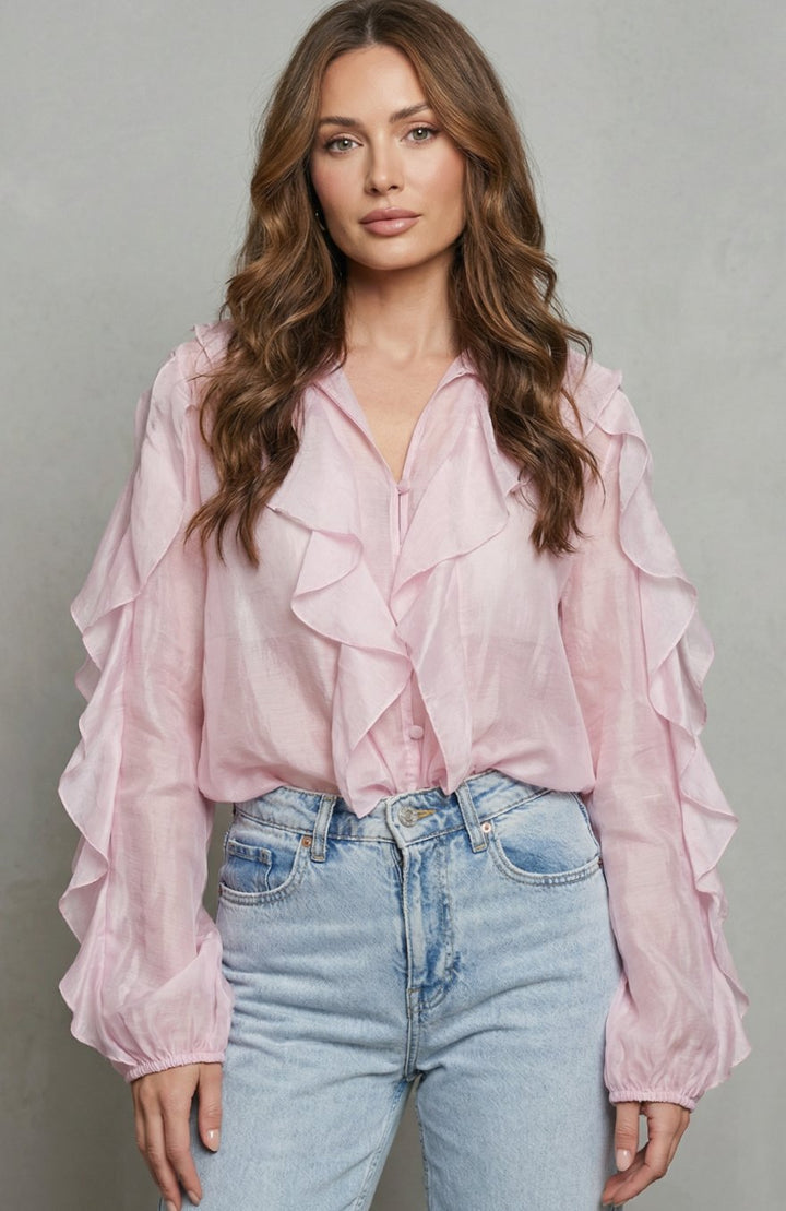 Women's Ruffled Button-Up Long Sleeve Blouse Statement Sleeves