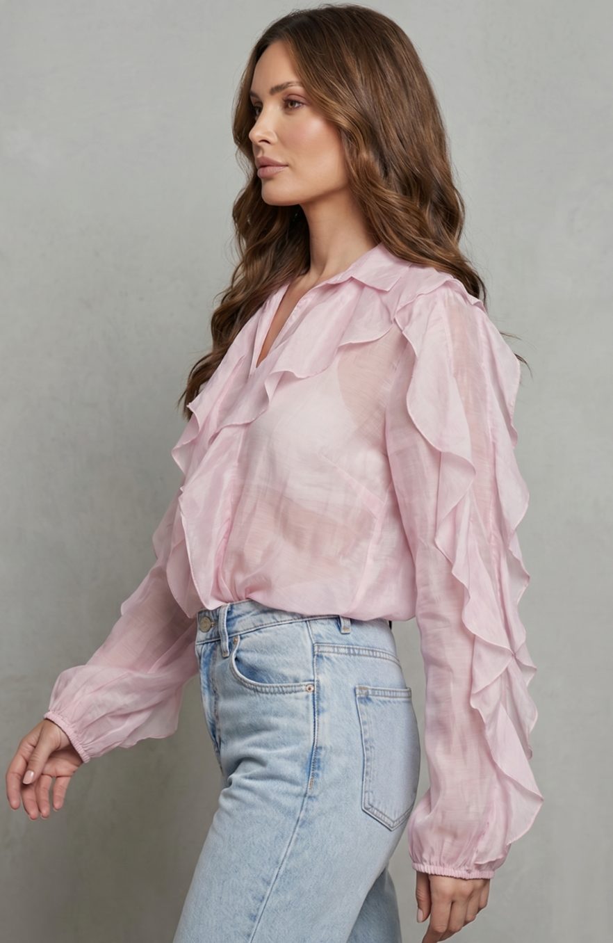 Women's Ruffled Button-Up Long Sleeve Blouse Statement Sleeves