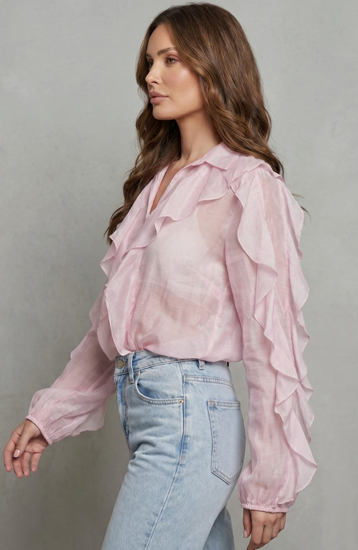 Women's Ruffled Button-Up Long Sleeve Blouse Statement Sleeves