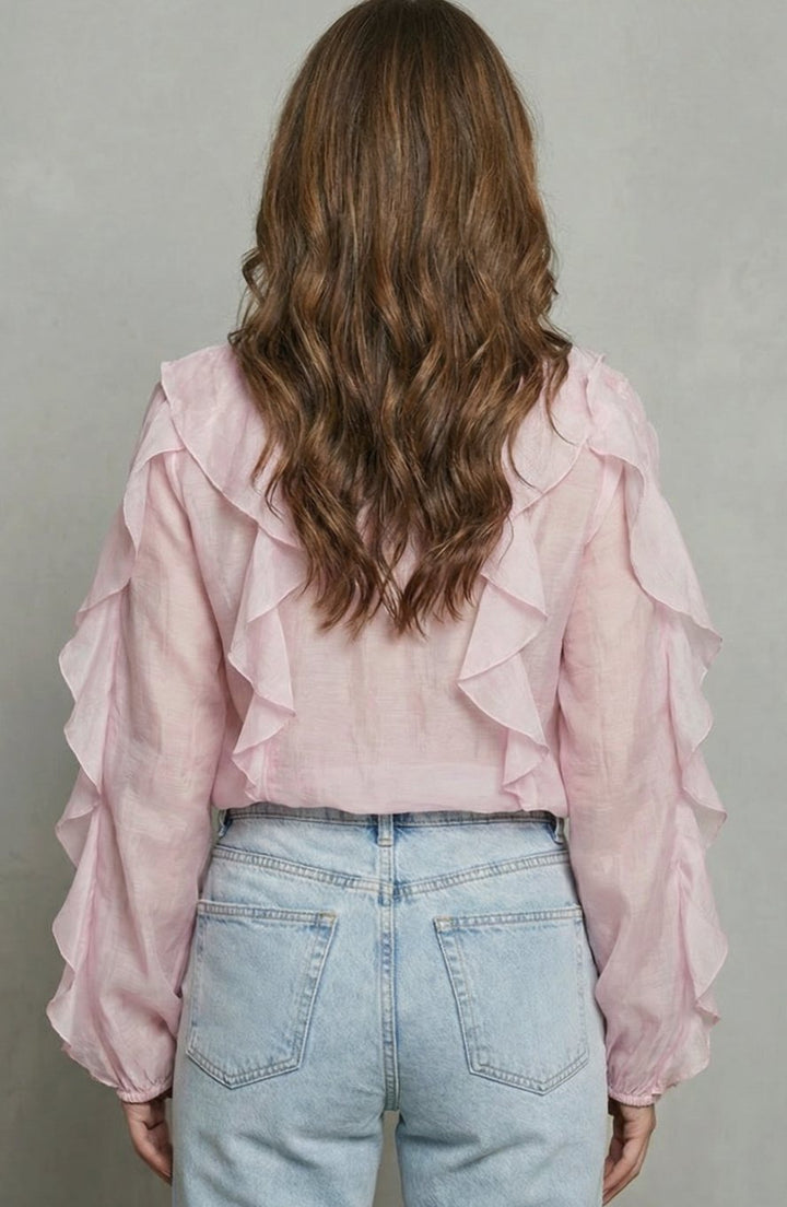 Women's Ruffled Button-Up Long Sleeve Blouse Statement Sleeves