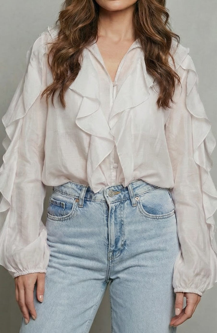 Women's Ruffled Button-Up Long Sleeve Blouse Statement Sleeves - White