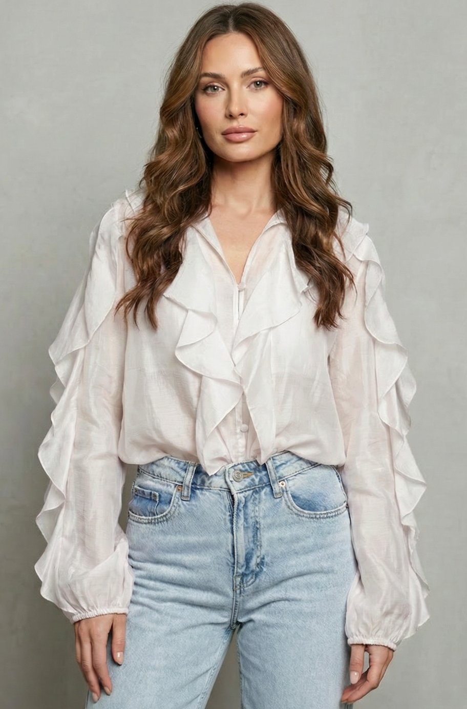 Women's Ruffled Button-Up Long Sleeve Blouse Statement Sleeves
