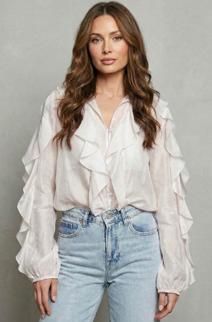Women's Ruffled Button-Up Long Sleeve Blouse Statement Sleeves