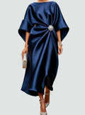 Amelia | Women's Satin Cape-Sleeve Brooch Draped Formal Maxi Dress