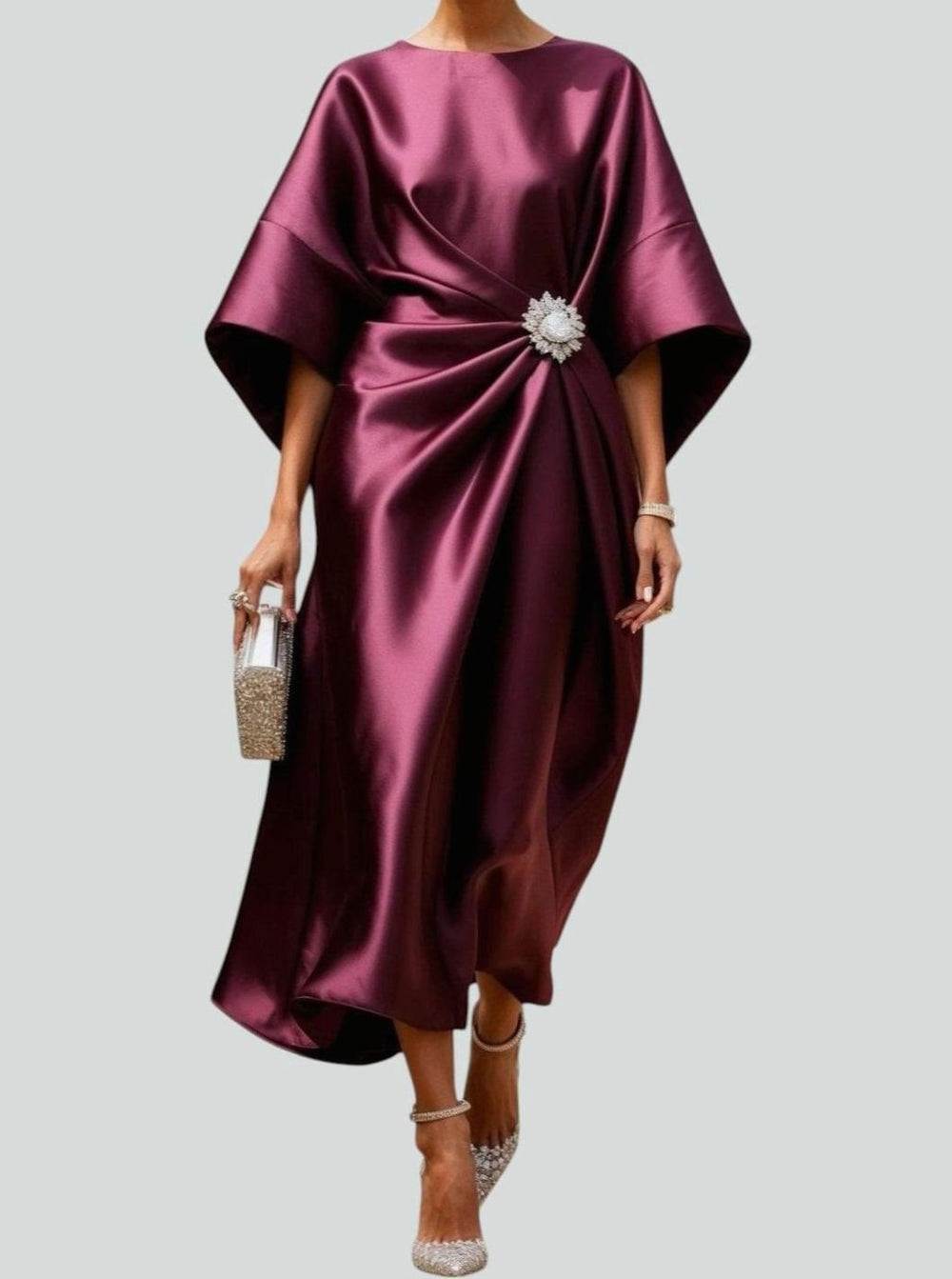 Women's Satin Cape-Sleeve Brooch Draped Formal Maxi Dress - Purple
