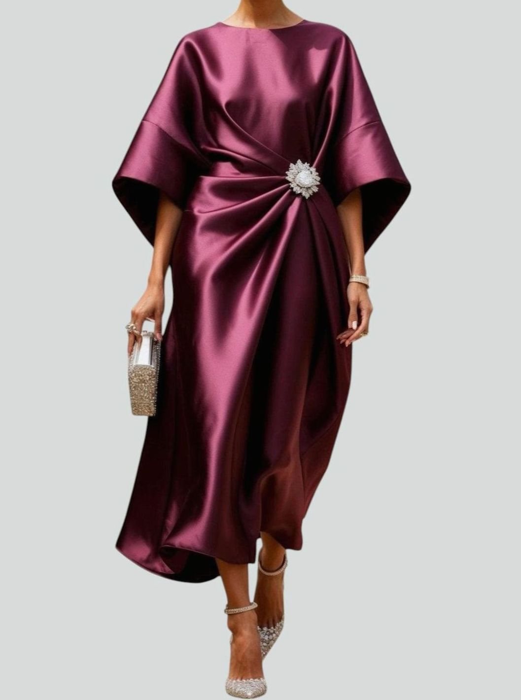 Women's Satin Cape-Sleeve Brooch Draped Formal Maxi Dress - Purple