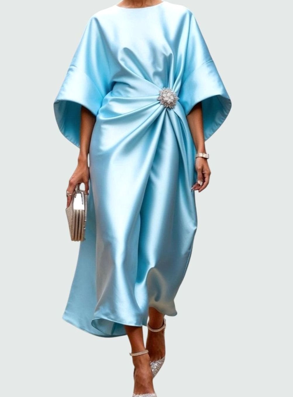Women's Satin Cape-Sleeve Brooch Draped Formal Maxi Dress - Blue Green