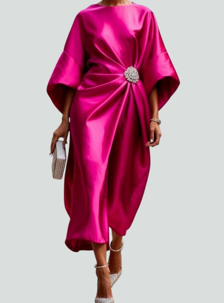 Women's Satin Cape-Sleeve Brooch Draped Formal Maxi Dress - Hot Pink
