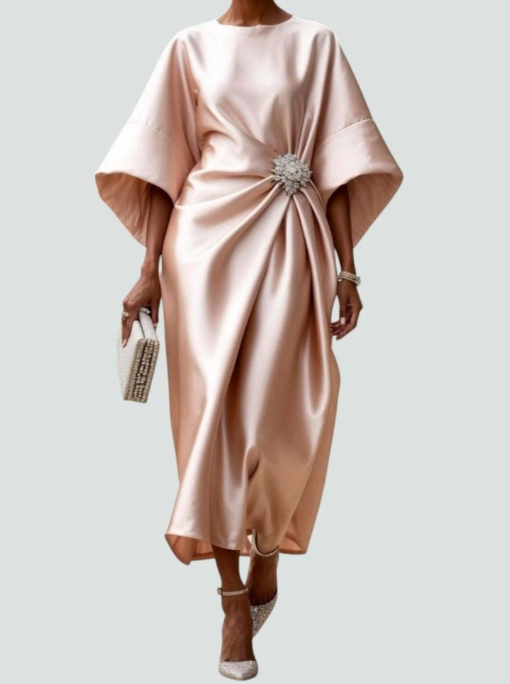 Women's Satin Cape-Sleeve Brooch Draped Formal Maxi Dress - Beige