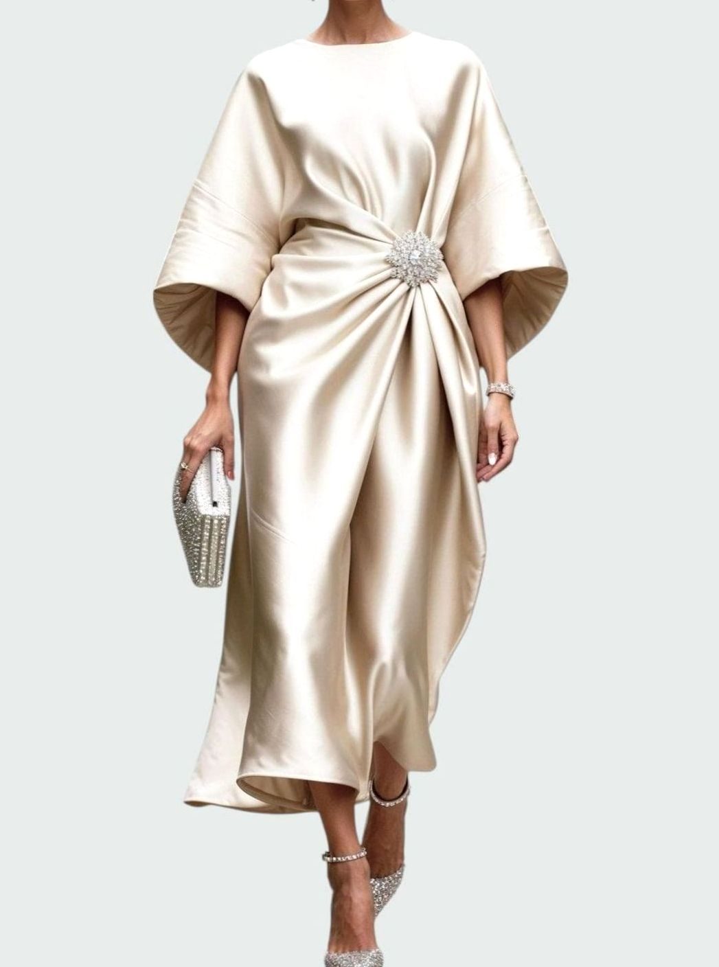 Women's Satin Cape-Sleeve Brooch Draped Formal Maxi Dress - Cream