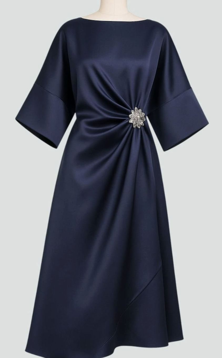 Women's Satin Cape-Sleeve Brooch Draped Formal Maxi Dress
