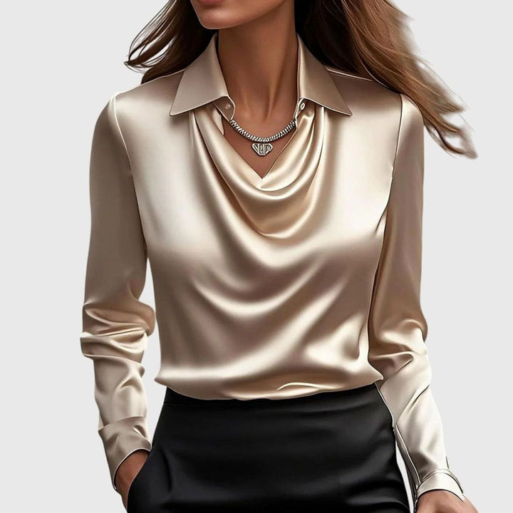 Women's Satin Cowl-Neck Long Sleeve Elegant Blouse - Gold