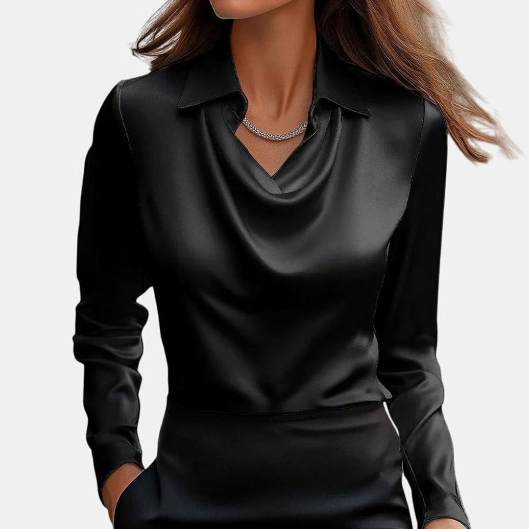 Women's Satin Cowl-Neck Long Sleeve Elegant Blouse - Black