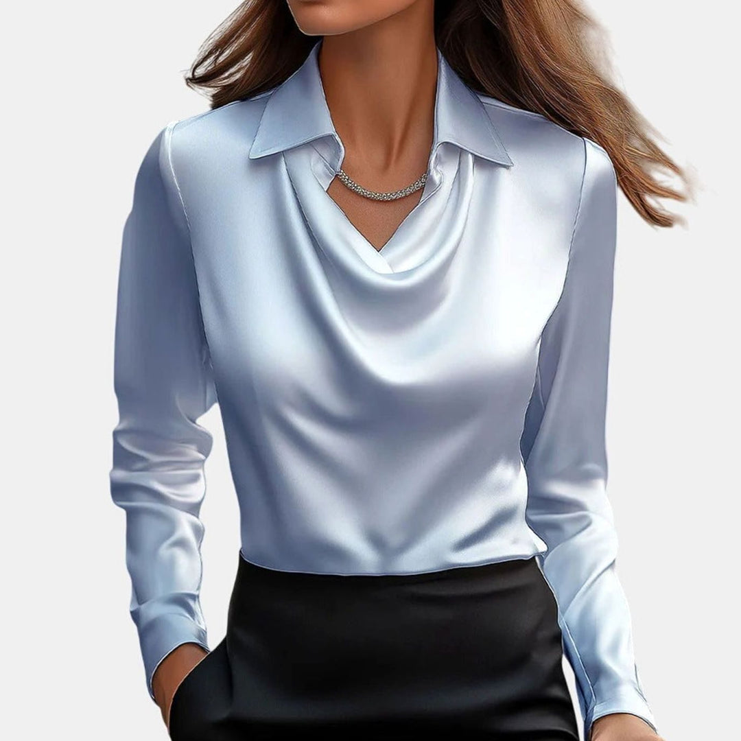 Women's Satin Cowl-Neck Long Sleeve Elegant Blouse - Light Blue