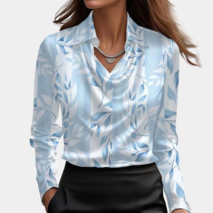 Women's Satin Cowl-Neck Long Sleeve Elegant Blouse - Light Blue Floral