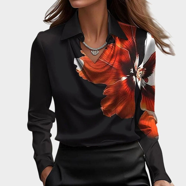 Women's Satin Cowl-Neck Long Sleeve Elegant Blouse - Black Red