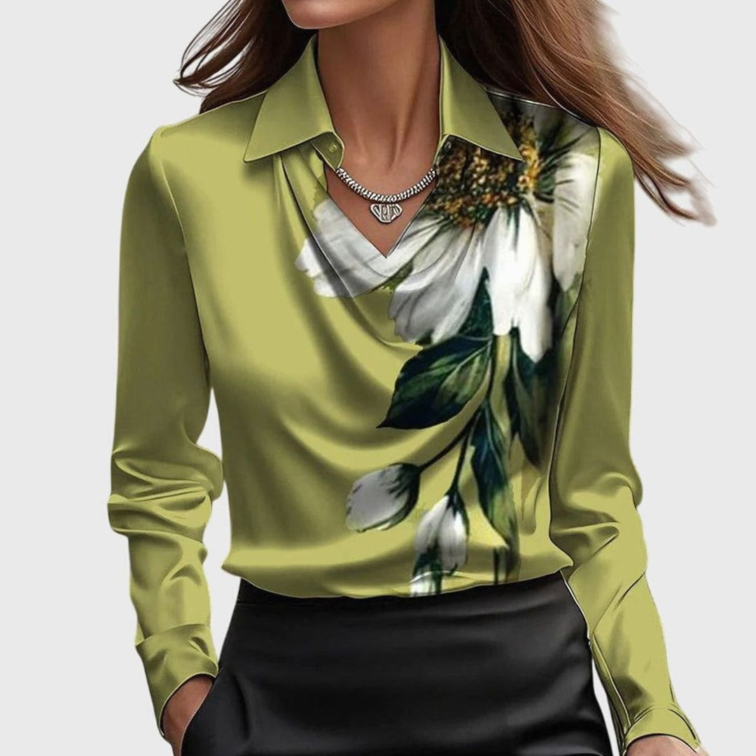 Women's Satin Cowl-Neck Long Sleeve Elegant Blouse - Green