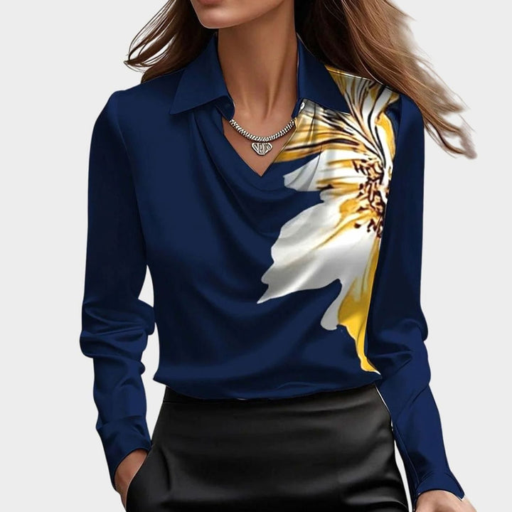 Women's Satin Cowl-Neck Long Sleeve Elegant Blouse - Dark Blue