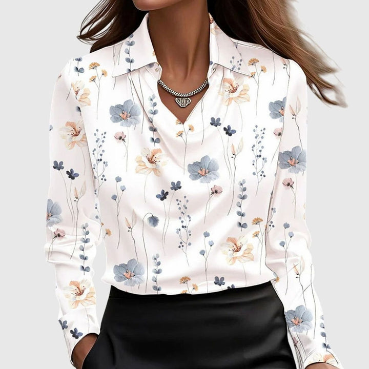 Women's Satin Cowl-Neck Long Sleeve Elegant Blouse - White Floral