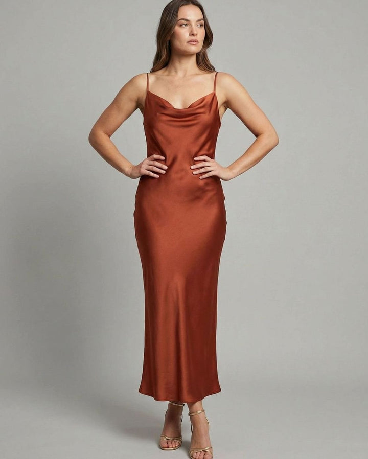 Women's Satin Cowl-Neck Spaghetti-Strap Maxi Slip Dress - Brown