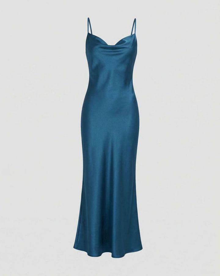 Women's Satin Cowl-Neck Spaghetti-Strap Maxi Slip Dress - Blue