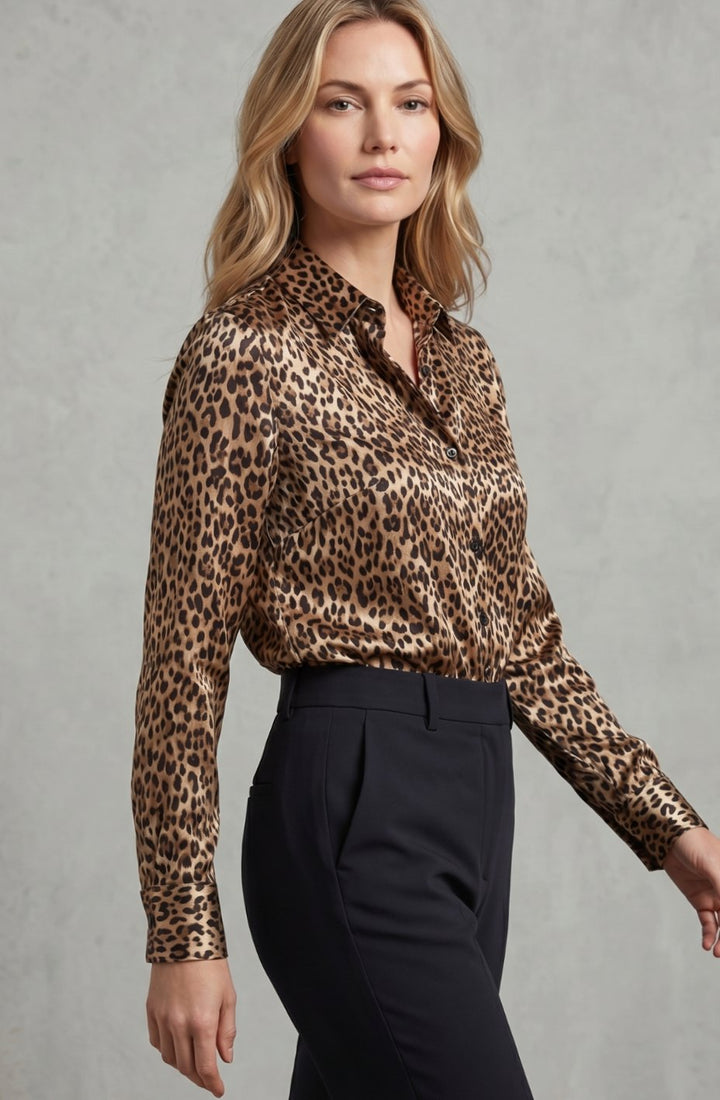Women's Satin Leopard Print Long Sleeve Blouse