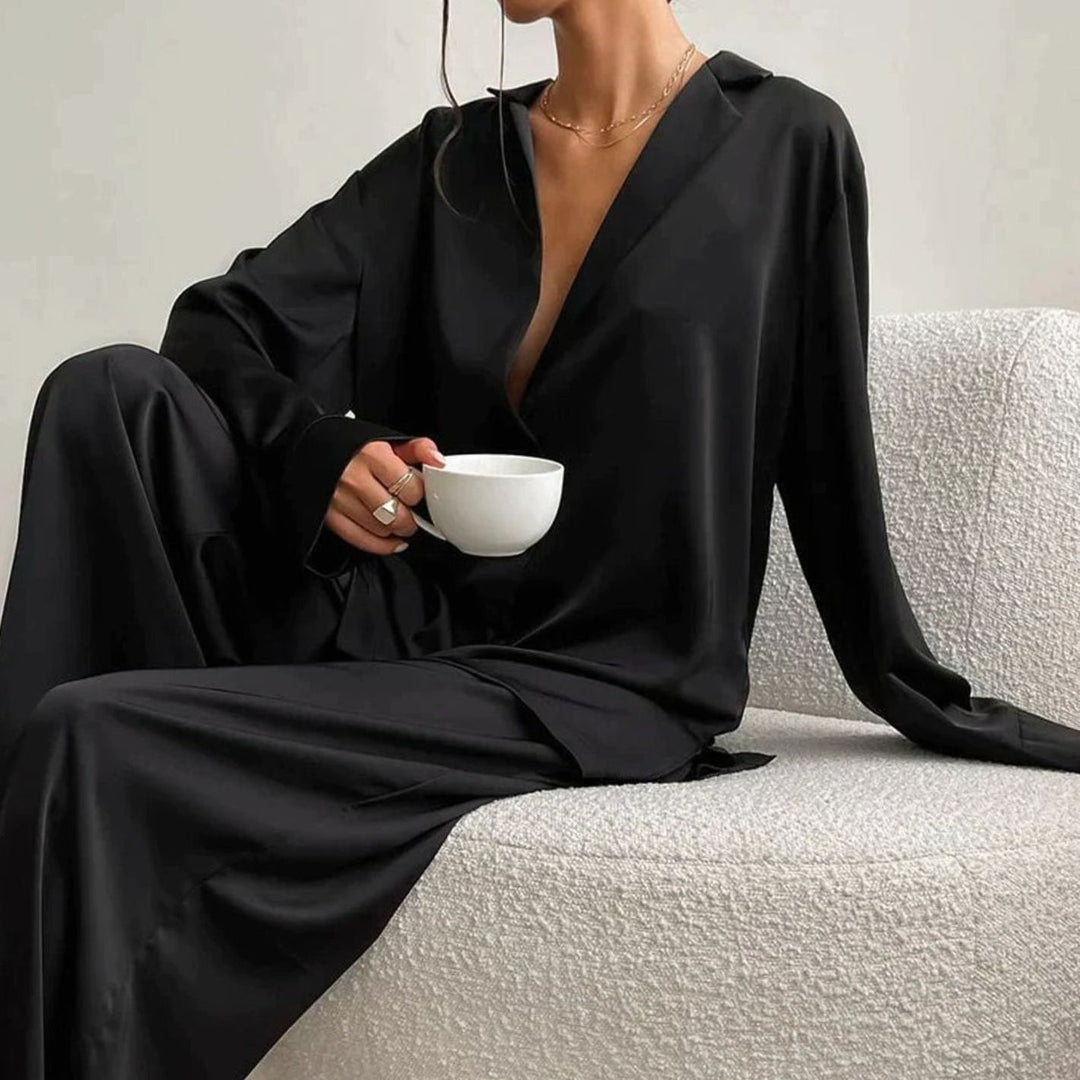Women's Satin Long-Sleeve V-Neck Pajama Set