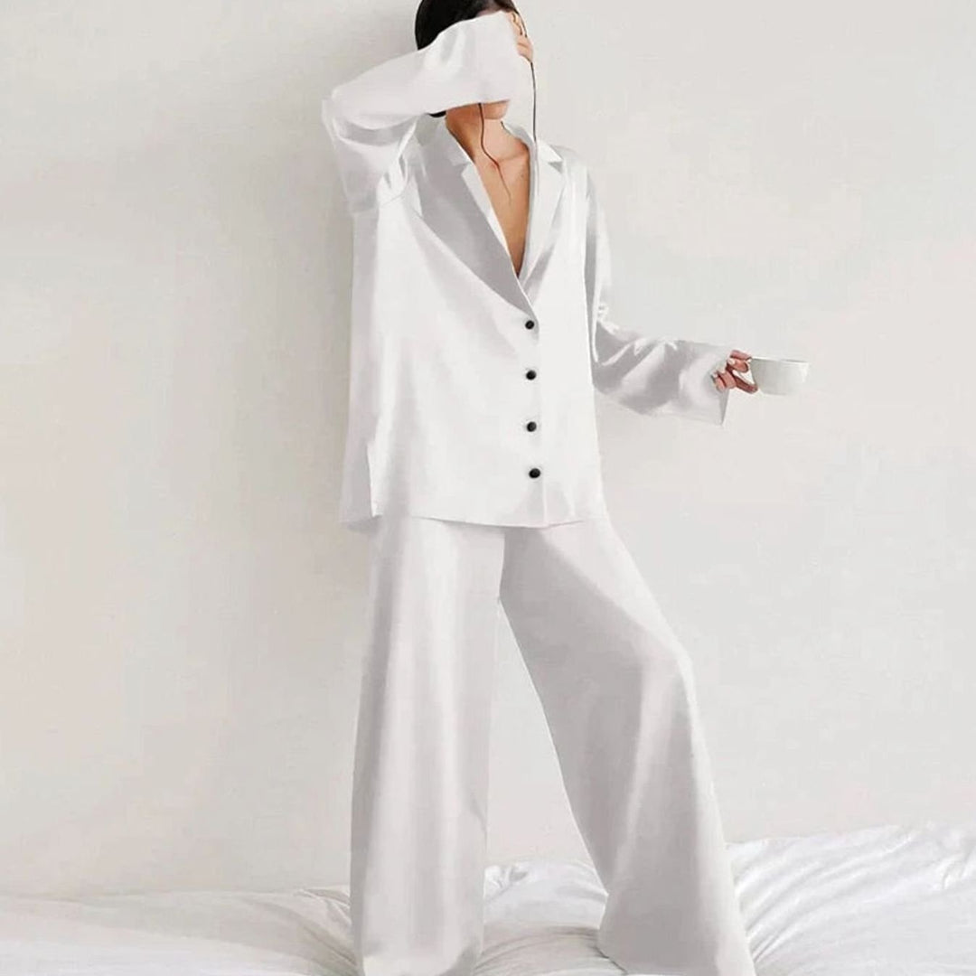 Women's Satin Long-Sleeve V-Neck Pajama Set - White