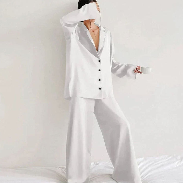 Women's Satin Long-Sleeve V-Neck Pajama Set - White