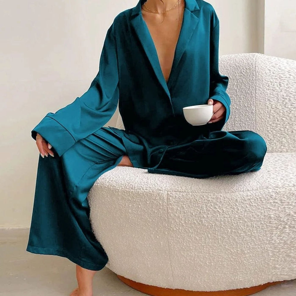 Women's Satin Long-Sleeve V-Neck Pajama Set