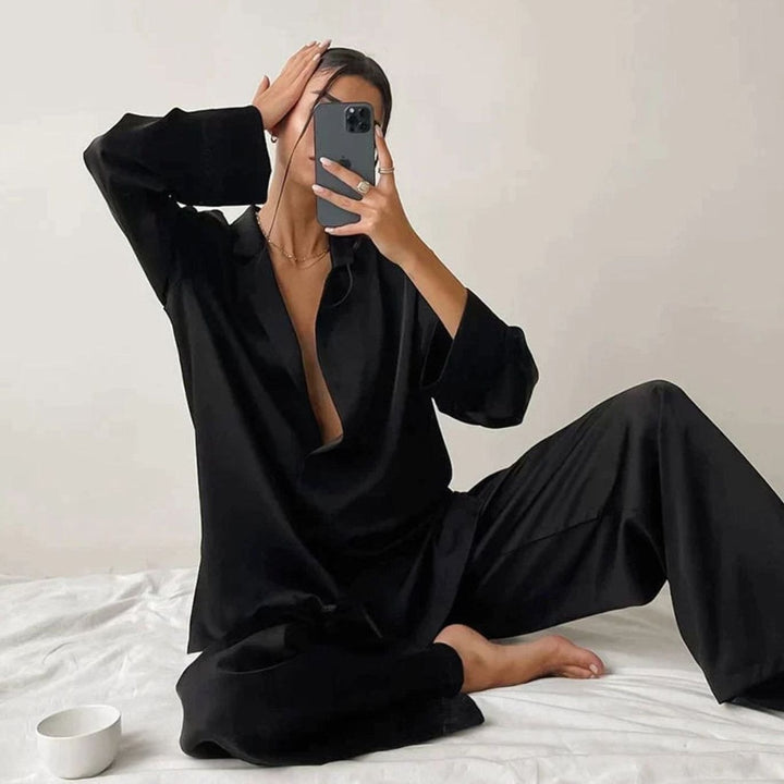 Women's Satin Long-Sleeve V-Neck Pajama Set