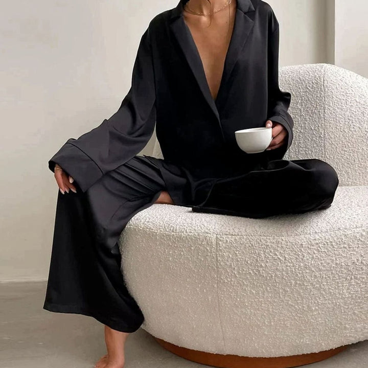 Women's Satin Long-Sleeve V-Neck Pajama Set - Black