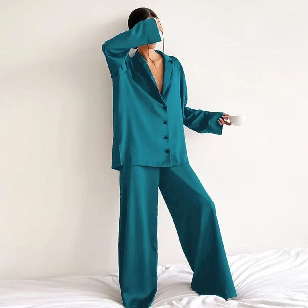Women's Satin Long-Sleeve V-Neck Pajama Set - Dark Green