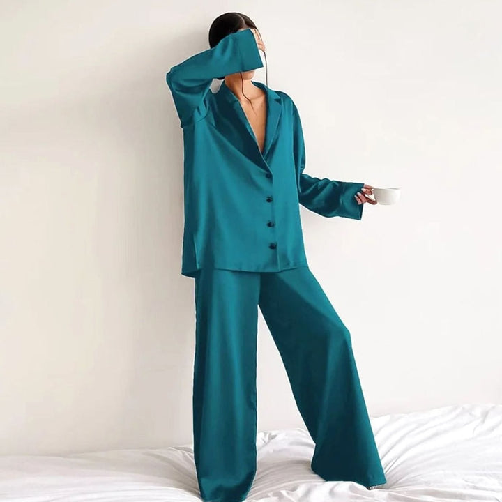 Women's Satin Long-Sleeve V-Neck Pajama Set - Dark Green