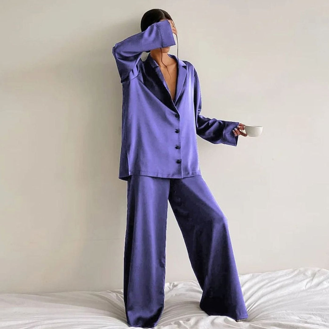 Women's Satin Long-Sleeve V-Neck Pajama Set - Purple