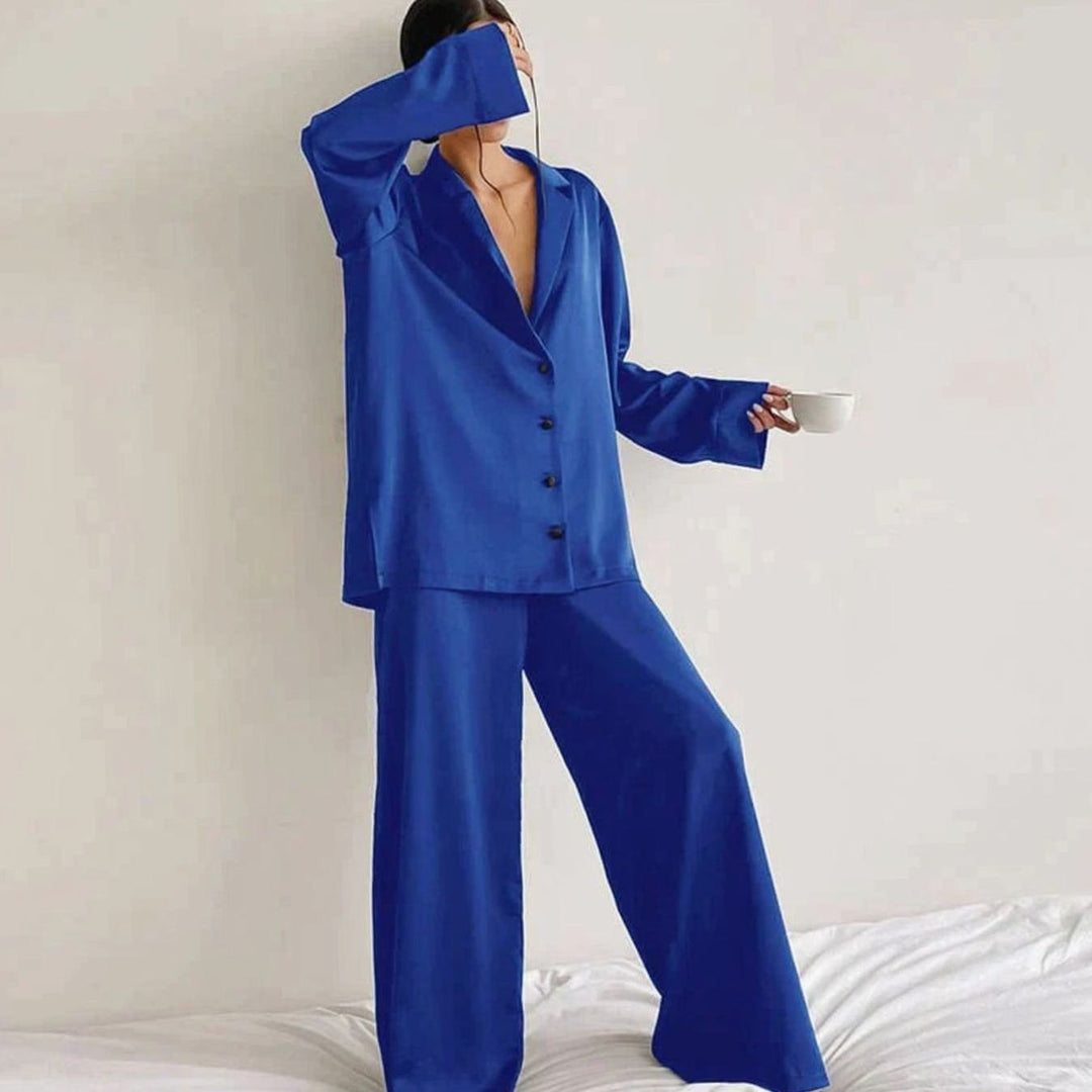 Women's Satin Long-Sleeve V-Neck Pajama Set - Blue