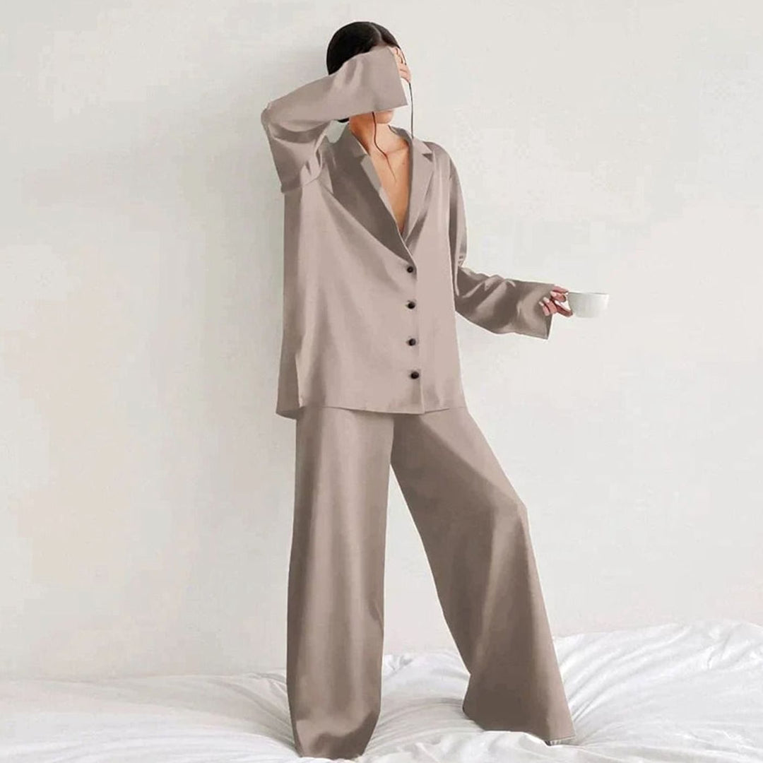 Women's Satin Long-Sleeve V-Neck Pajama Set - Light Brown