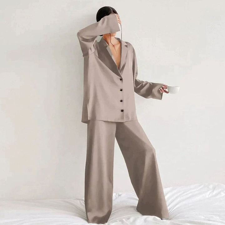 Women's Satin Long-Sleeve V-Neck Pajama Set - Light Brown