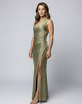 Charlotte | Women's Satin One-Shoulder Ruched Maxi Gown Side Slit