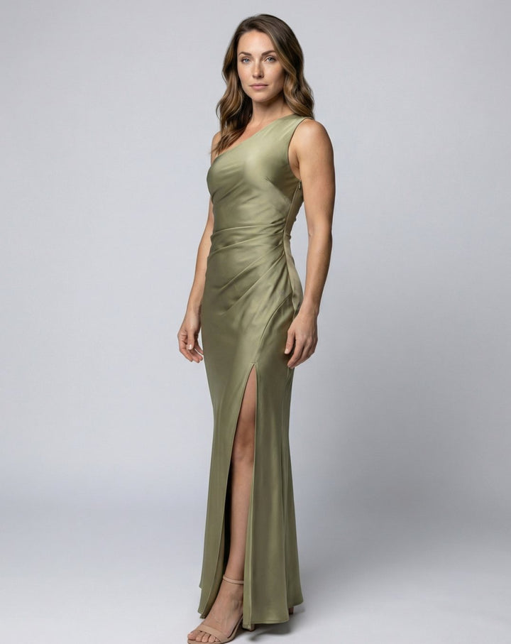 Women's Satin One-Shoulder Ruched Maxi Gown Side Slit - Green